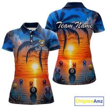 Load image into Gallery viewer, Two views of polo shirts with a tropical design featuring palm trees, sunset, and pool balls. One shirt has 'Team Name' and 'Your Name' text.
