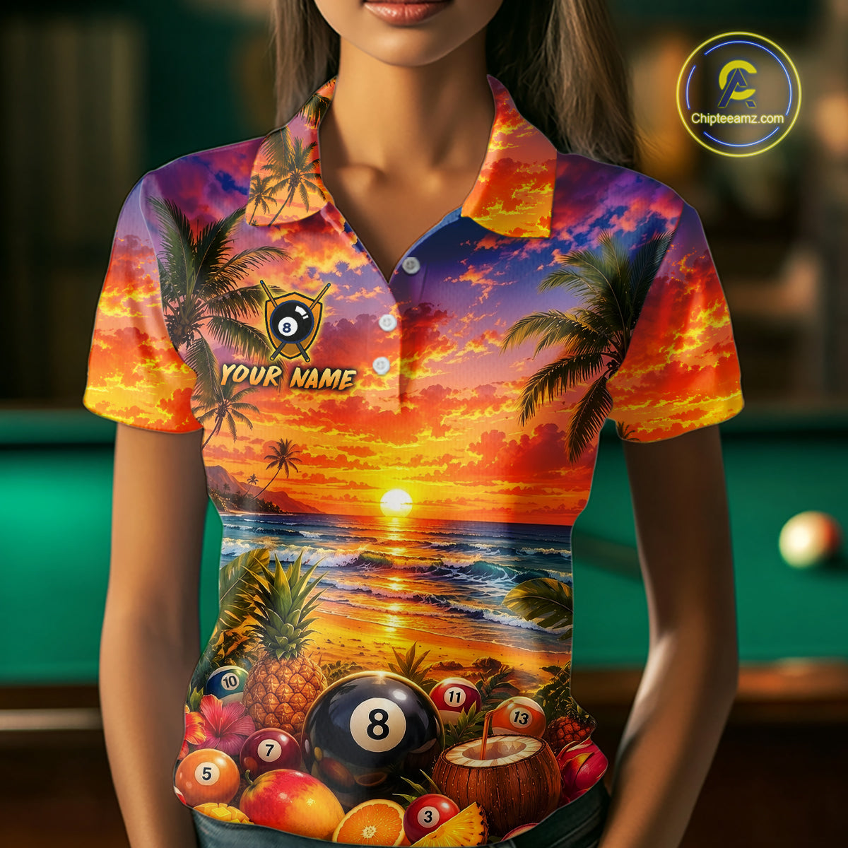 Polo shirt with a tropical design featuring palm trees, sunset, and pool elements.