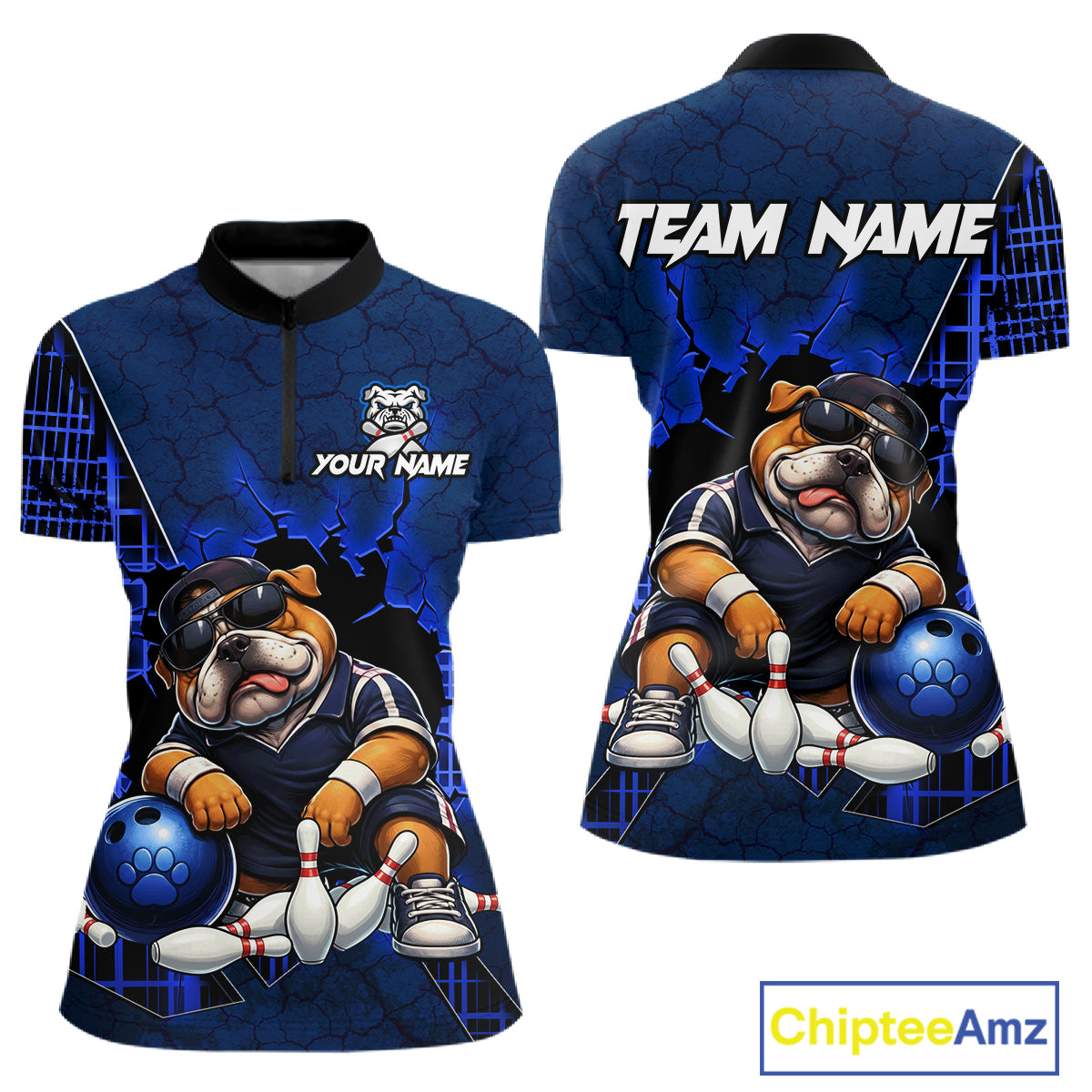 Customizable short-sleeve athletic polo shirt shown from the front and back, featuring a blue cracked-pattern background with a cartoon bulldog bowling graphic, black collar, and white 'TEAM NAME' and 'YOUR NAME' placeholder text.