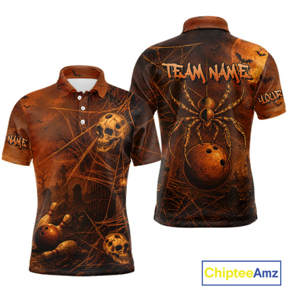 Front and back views of a short-sleeve polo shirt featuring a spooky Halloween bowling theme with a large spider, skulls, bowling balls, bats, and web patterns in dark brown and orange tones. The back displays 'TEAM NAME' and 'YOUR NAME' text.