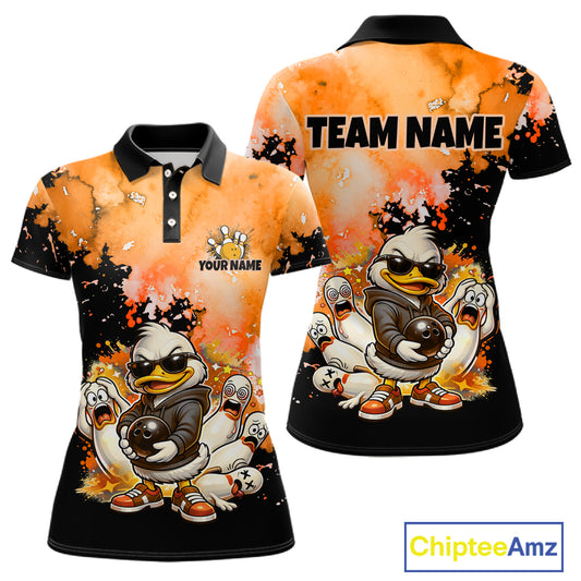 Front and back views of a short-sleeve polo shirt featuring a cartoon duck character in a black hoodie and sunglasses, with a fiery orange and black splattered background. The front has a collar with buttons, a customizable crest logo, and placeholder text.