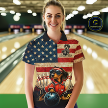 Load image into Gallery viewer, Custom American Flag Retro Dachshund Bowling Shirt Bowling Team Jersey for Women Polo &amp; Quarter-Zip QZT942