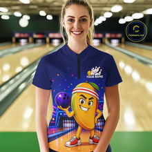 Load image into Gallery viewer, Person wearing a blue bowling shirt with a colorful design in a bowling alley.