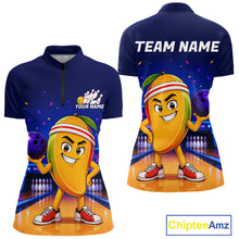 Load image into Gallery viewer, Navy blue bowling-themed shirt with cartoon mango character and customizable text on a white background