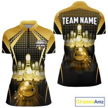 Load image into Gallery viewer, Custom Black and Gold Bowling Team Shirt Bowling Jersey for Women Polo &amp; 1/4-Zip Bowling Outfit QZT1142