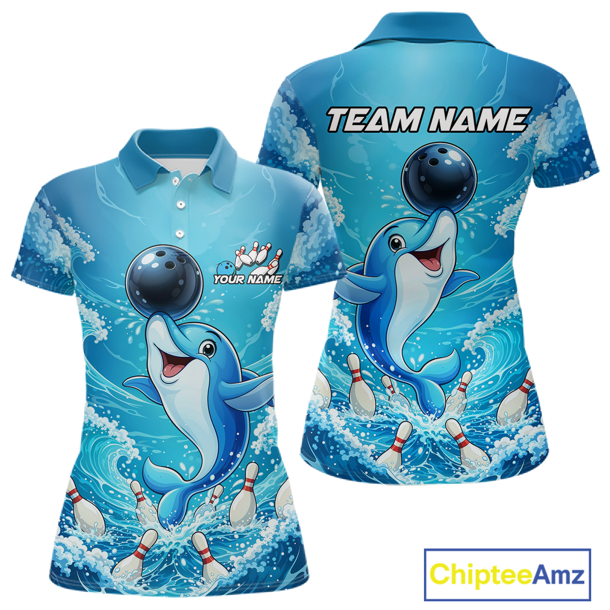 Custom Funny Dolphin Bowling Polo Shirt Blue Ocean Team Jersey Bowling Outfit for Women QZT857