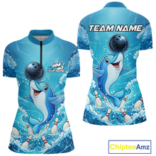Load image into Gallery viewer, Custom Funny Dolphin Bowling Polo Shirt Blue Ocean Team Jersey Bowling Outfit for Women QZT857