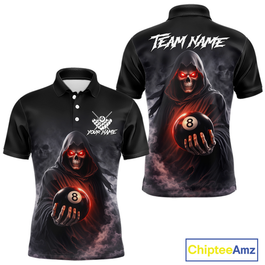 Custom Grim Reaper Billiard Shirts for Men 8 Ball Pool Shirt Polo & Quarter-Zip Billiard Jersey Unisex BHT7