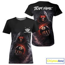 Load image into Gallery viewer, Black t-shirt with a hooded figure holding an 8-ball on the front and back, featuring 'Team Name' text.