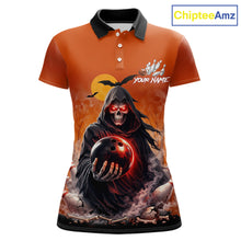Load image into Gallery viewer, Front view custom orange grim reaper bowling polo shirt featuring a hooded grim reaper holding a glowing bowling ball, fiery smoke effect and sunset background, personalized with player name