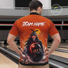 Load image into Gallery viewer, Male model wearing a custom orange grim reaper bowling quarter-zip shirt back view displaying the personalized team name above a hooded grim reaper artwork at the bowling alley