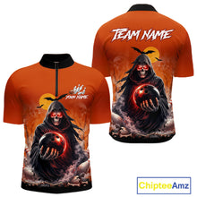 Load image into Gallery viewer, Front and back view custom orange grim reaper bowling quarter-zip shirt featuring a hooded grim reaper holding a glowing bowling ball, fiery smoke effect and sunset background, personalized with team name and player name