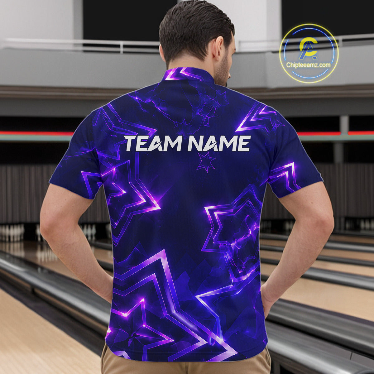 Custom Neon Purple Star Bowling Shirt for Men Bowling Jersey Polo & Quarter-Zip QZT1025