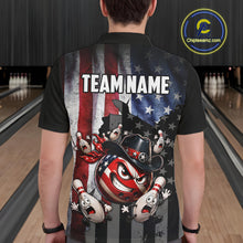 Load image into Gallery viewer, Person wearing a black bowling shirt with American flag design and 'TEAM NAME' text in a bowling alley.