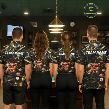 Custom Black & Gold Billiard Shirt Funny Pig 8 Ball Pool Team Jersey for Women Polo & 1/4 Zip BHT108