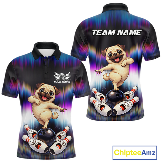 Custom Colorful Funny Pug Dog Bowling Shirt Bowling Jersey for Men Polo & 1/4-Zip Bowling Outfit QZT905