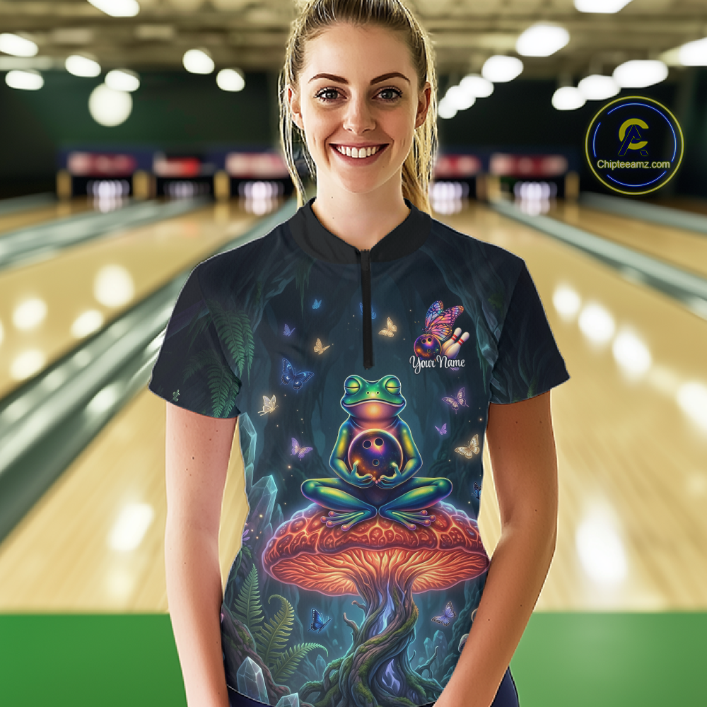 Custom Zen Frog Bowling Shirt for Women Meditation Style Bowling Jersey Polo & 1/4-Zip QZT991