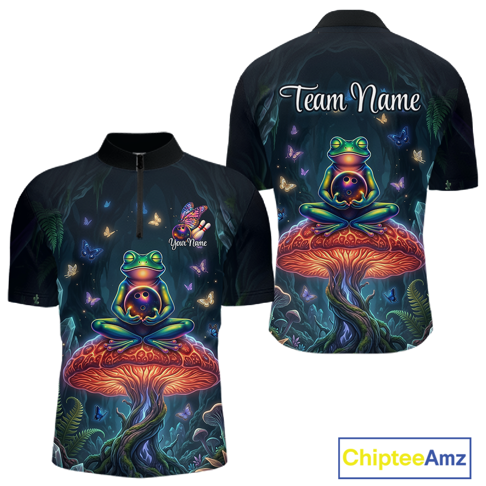 Custom Zen Frog Bowling Shirt for Men Meditation Style Bowling Jersey Polo & 1/4-Zip QZT991