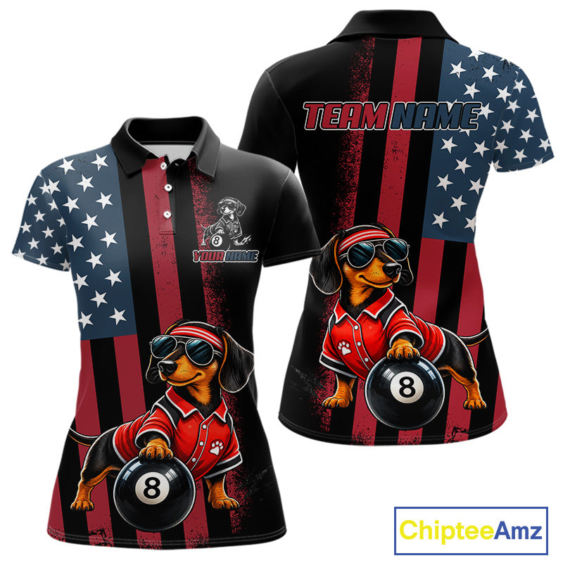 Front and back views of a custom short-sleeve polo shirt featuring a dachshund cartoon wearing sunglasses and a red jersey while holding an 8-ball, set against a distressed American flag background with red and black vertical stripes and white stars. The back view has a placeholder text 'TEAM NAME'.