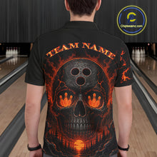 Load image into Gallery viewer, Person wearing a black bowling shirt with a skull and bowl design in a bowling alley.