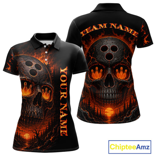 Black polo shirt with fiery skull design on front and back, customizable text.