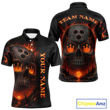 Load image into Gallery viewer, Black polo shirt with fiery skull design on front and back, customizable text.