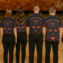 Load image into Gallery viewer, Four people wearing shirts with a skull design and 'Team Name' text on a bowling alley background.