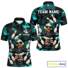 Load image into Gallery viewer, Custom Turquoise Funny Duck Bowling Shirt for Men Bowling Jersey Polo &amp; 1/4 Zip Bowling Outfit QZT943