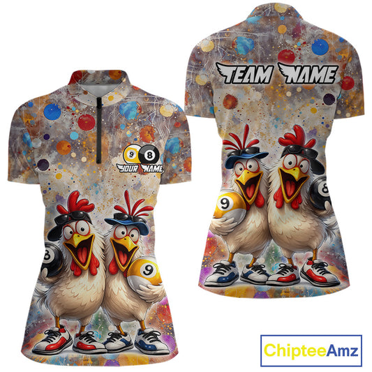 Custom Funny Chicken Billiard Shirt for Women Colorful 8 Ball & 9 Ball Shirt Buddy Billiard Jersey BHT42