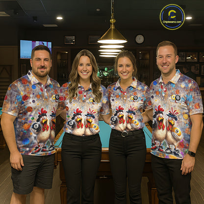 Custom Funny Chicken Billiard Shirt for Men Colorful 8 Ball & 9 Ball Shirt Buddy Billiard Jersey BHT42