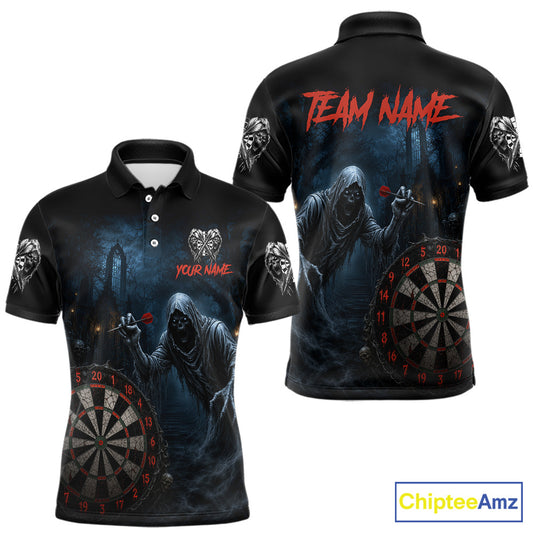 Custom Red Dart Polo Shirt for Men Grim Reaper Throwing Darts Dark Gothic Dart Jersey DHT51