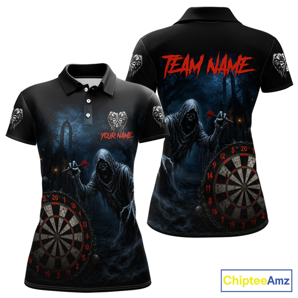 Custom Red Dart Polo Shirt for Women Grim Reaper Throwing Darts Dark Gothic Dart Jersey DHT51