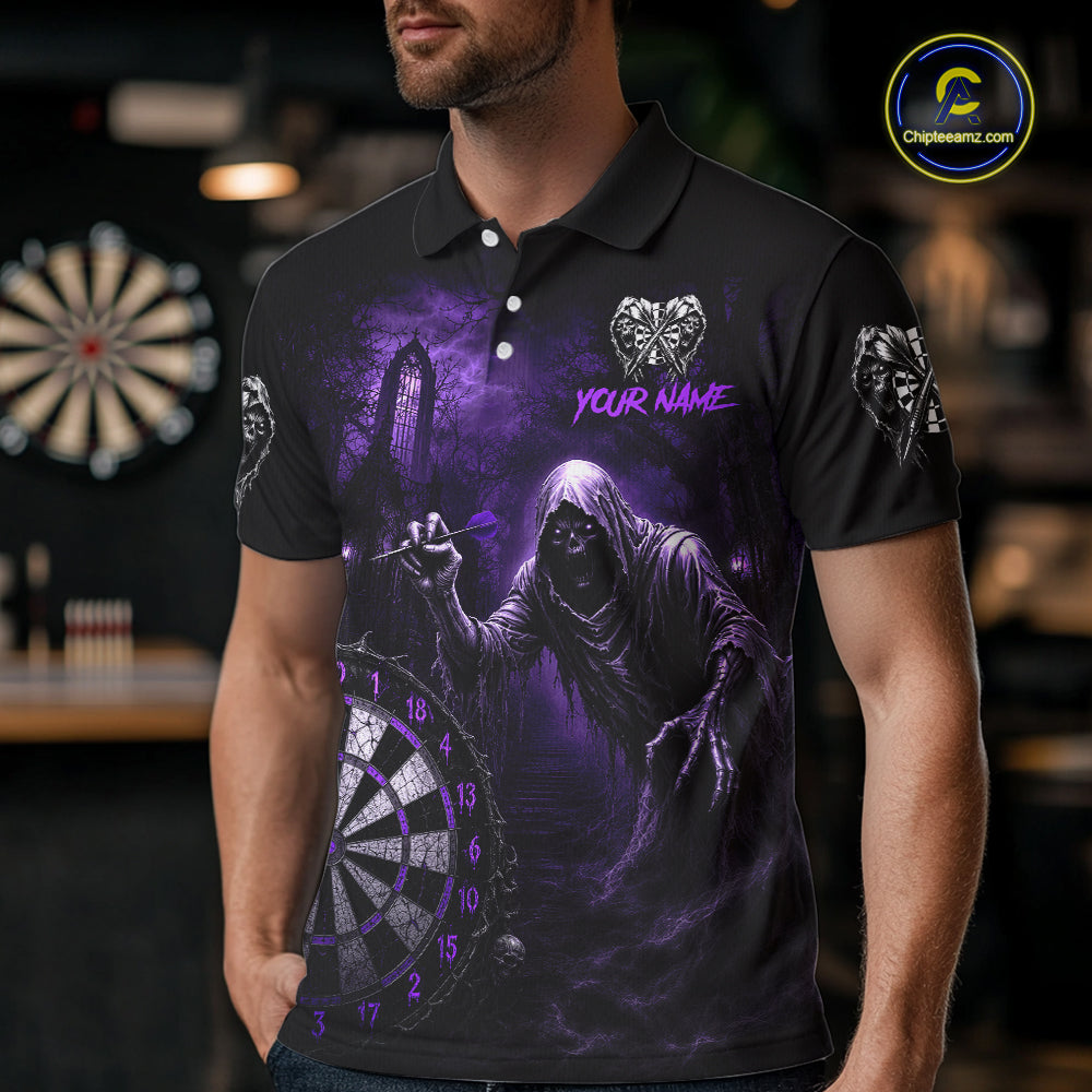 Custom Purple Dart Polo Shirt for Men Grim Reaper Throwing Darts Dark Gothic Dart Jersey DHT55