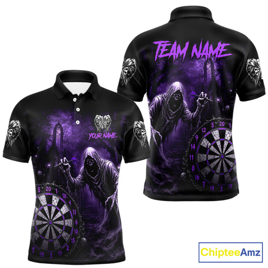 Custom Purple Dart Polo Shirt for Men Grim Reaper Throwing Darts Dark Gothic Dart Jersey DHT55