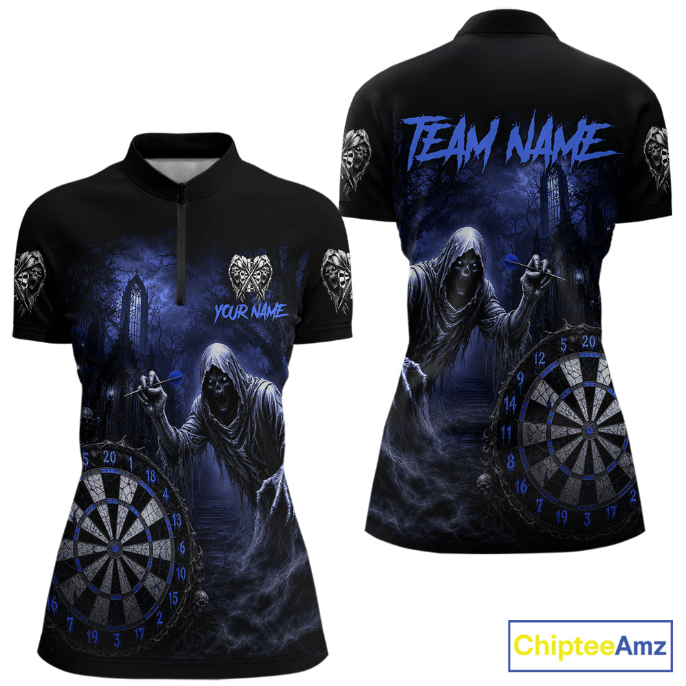 Custom Blue Dart Polo Shirt for Women Grim Reaper Throwing Darts Dark Gothic Dart Jersey DHT55