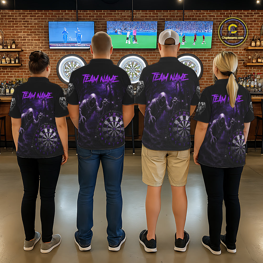 Custom Purple Dart Polo Shirt for Men Grim Reaper Throwing Darts Dark Gothic Dart Jersey DHT55