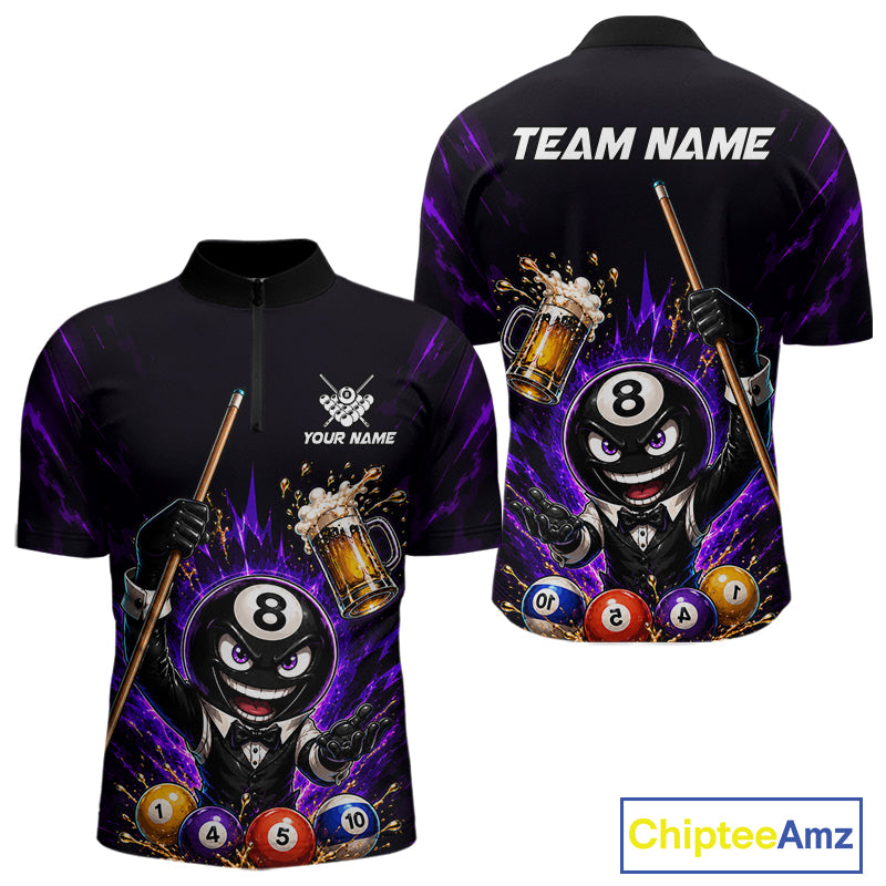 Custom 8 Ball Pool Shirt with Beer and Cue Billiard Team Jersey for Men Billiard Shirt BHT113