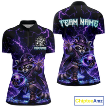 Load image into Gallery viewer, Personalized Raccoon Wizard Bowling Shirt for Women Purple Thunder Lightning Bowling Jersey QZT920