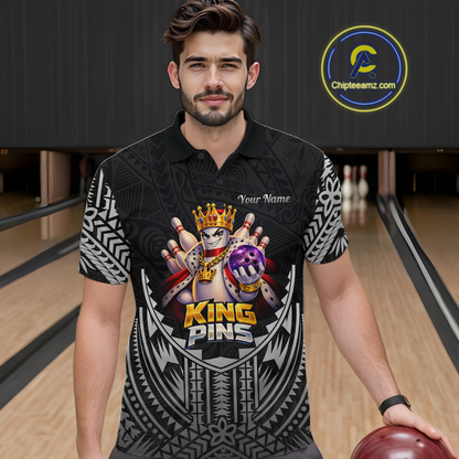 Funny King Pins Bowling Team Shirt for Men Custom Tribal Buddies Bowling Jersey Polo & 1/4 Zip QZT946