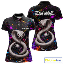 Load image into Gallery viewer, Two polo shirts with snake and bowling ball design on a colorful splatter background, featuring 'Chiptee Amz' branding.