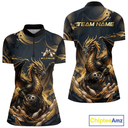 Black & Gold Dragon Bowling Jersey for Women Custom Bowling Team Shirt Polo & Quarter-Zip QZT1225