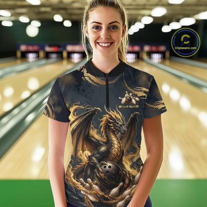 Black & Gold Dragon Bowling Jersey for Women Custom Bowling Team Shirt Polo & Quarter-Zip QZT1225