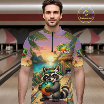 Floral Raccoon Bowling Shirt for Men Custom Bowling Team Jersey Polo & Quarter-Zip QZT993