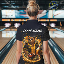 Load image into Gallery viewer, Woman wearing custom black &amp; gold bear bee &amp; beer bowling polo shirt, back view mockup with team name design.