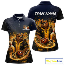 Load image into Gallery viewer, Custom black &amp; gold bear bee &amp; beer bowling polo shirt, front and back views, bowling league jersey for women