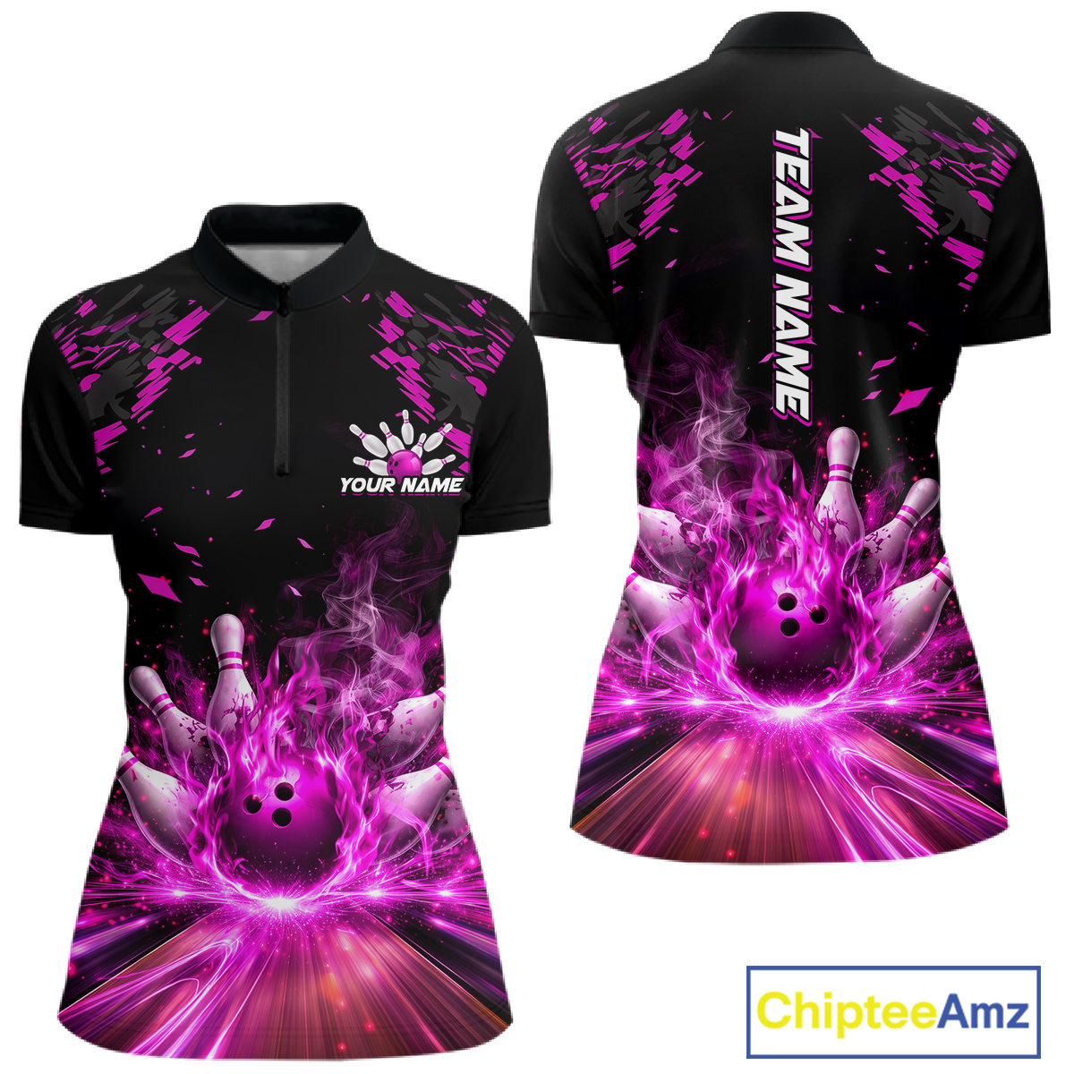 Custom Pink Flame Bowling Team Shirt for Women Polo & 1/4-Zip Bowling Jersey Bowling League Uniform QZT866
