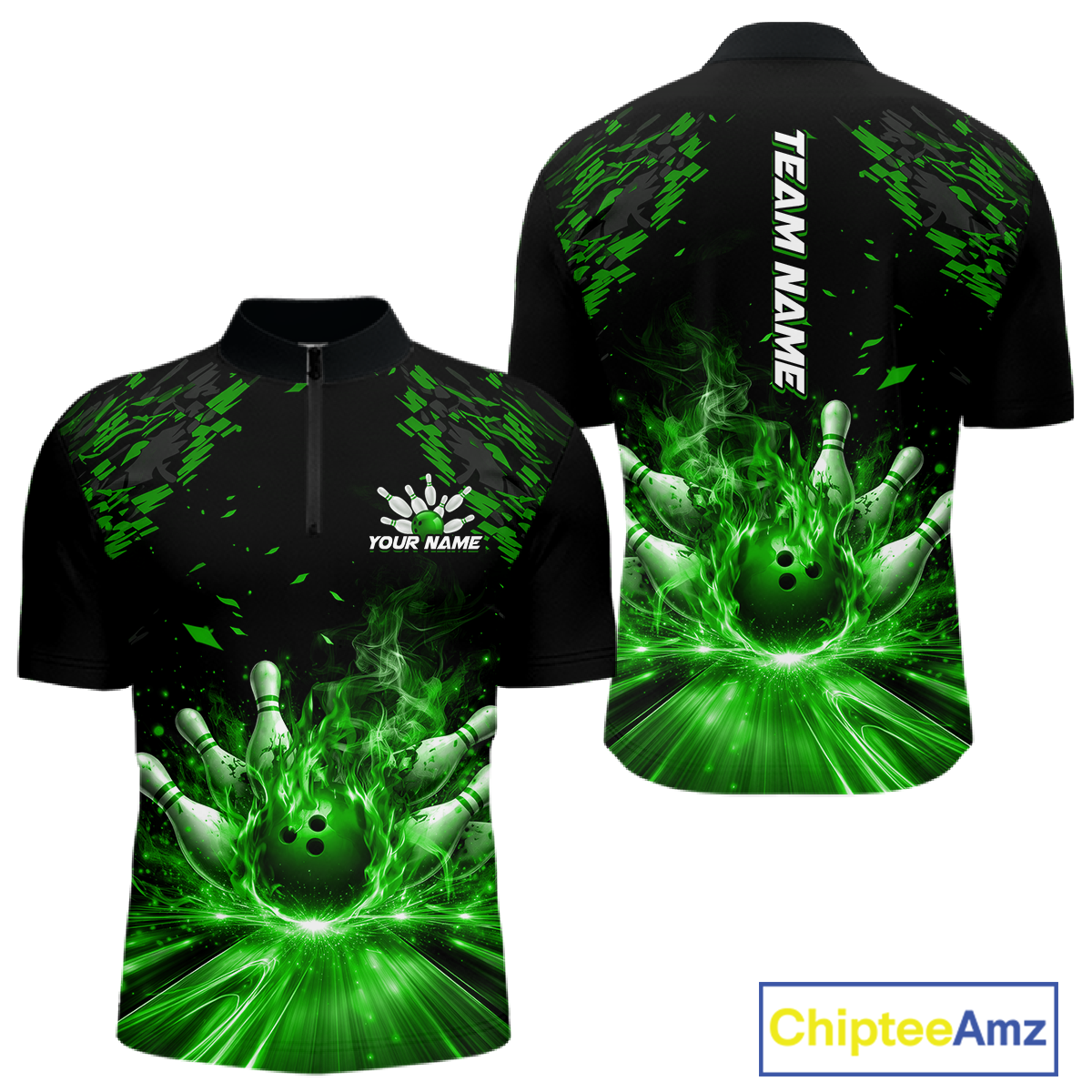 Custom Green Flame Bowling Team Shirt for Men Polo & 1/4-Zip Bowling Jersey Bowling League Uniform QZT866