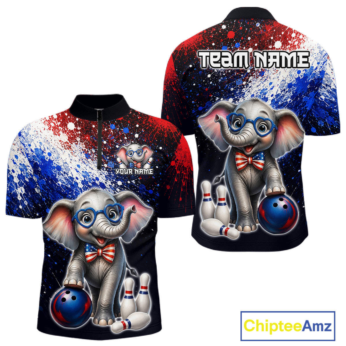 Custom American Flag elephant bowling quarter-zip shirt, front and back views, bowling league jersey for men