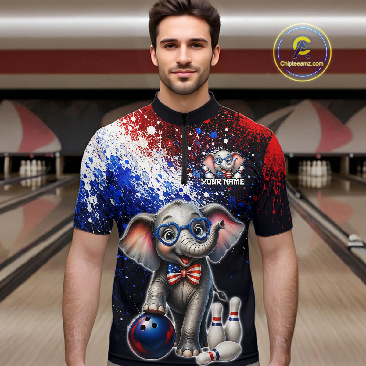 Man wearing custom American Flag elephant bowling 1/4 zip shirt, front view mockup, personalized bowling league jersey.