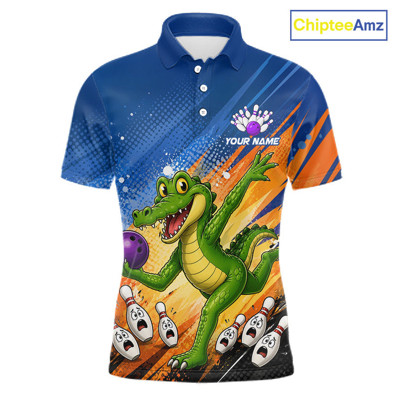 A short-sleeve polo shirt with a vibrant all-over bowling-themed graphic featuring a green alligator holding a purple bowling ball, bowling pins, and orange streaks on a blue background. The shirt includes a mock 'YOUR NAME' customization area on the chest.